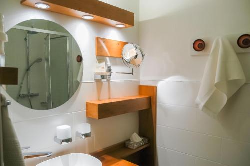 a bathroom with a mirror and a sink at Au Grand Fête, B&B à la campagne in Le Fête