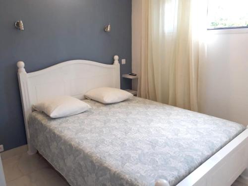 - une chambre avec un lit et 2 oreillers dans l'établissement Appartement de 2 chambres avec jardin amenage et wifi a Le Lamentin a 4 km de la plage, au Lamentin