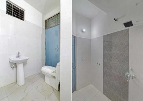 y baño con lavabo, aseo y ducha. en Hotel TSR By WB Inn en Agra