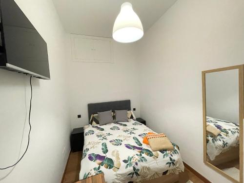 1 dormitorio con cama y espejo en HomeStay Lopez Pando, en Madrid