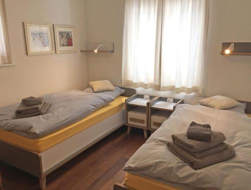 Cette chambre comprend 2 lits jumeaux et une fenêtre. dans l'établissement Zentral, Ruhig, Sonnig, Modern, à Lenzerheide