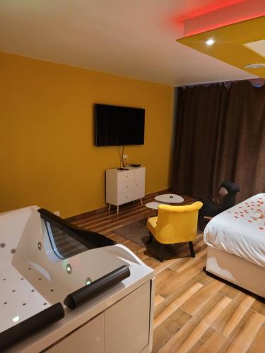 Cette chambre d'hôtel comprend une chambre avec un lit et une télévision. dans l'établissement SPA Celyna appartement avec jacuzzi privatif, à Lyon