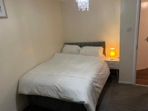 a bedroom with a bed with white sheets and a lamp at Henderson court in London