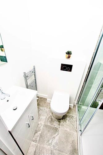 a bathroom with a toilet and a glass shower at Dunamis Staycation 4 in Croydon