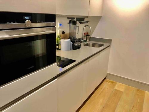 a kitchen with a sink and a stove top oven at Cheviot House in London