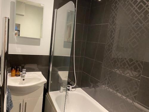 a bathroom with a shower and a sink and a shower at Superfast WiFi studio, bathroom & own entrance in Brighton & Hove