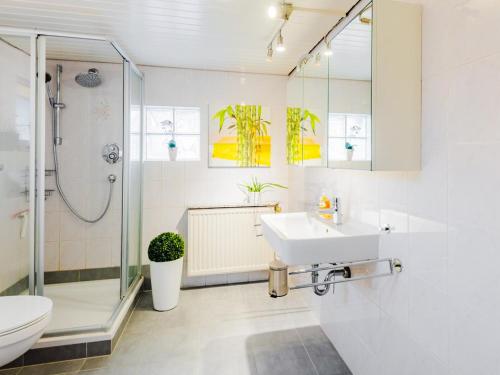 W łazience znajduje się umywalka, prysznic i toaleta. w obiekcie Messewohnung Düsseldorf - Neuss w mieście Neuss