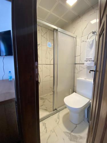 a bathroom with a toilet and a glass shower at Ziyagil Konağı in Amasya