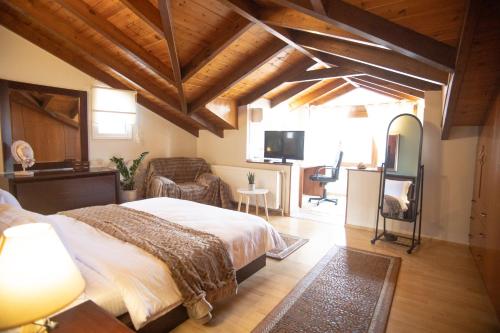 a bedroom with a bed and a living room at Soffitta House Sofi! in Florina