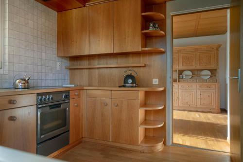 a kitchen with wooden cabinets and a stove at Luxury apartment with terrace and garden free parking smart TV etc in St. Gallen
