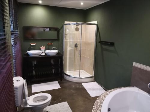 a green bathroom with a shower and a toilet at Bono Luxury Guesthouse in Rustenburg