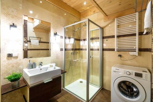 a bathroom with a washing machine and a sink at Osada Kościelisko - Tatry na Wyciągnięcie Ręki in Kościelisko