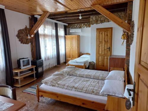 a bedroom with two beds and a tv in it at VILLA GALATA in Varna City