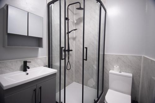 a bathroom with a shower and a toilet and a sink at The Black Isle Retreat in Inverness