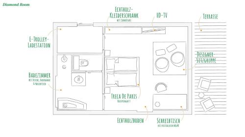a floor plan of a small bathroom with diagrams at Hotel Diamond Country Club in Atzenbrugg