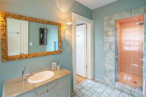 a bathroom with a sink and a shower with a mirror at Lion's Head B&B in Niagara Falls