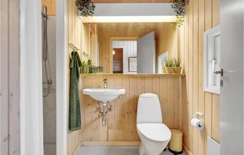 La salle de bains est pourvue de toilettes et d'un lavabo. dans l'établissement Nice Home In Lkken With Indoor Swimming Pool, à Trudslev