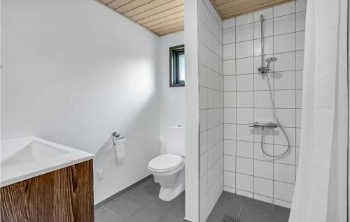 a bathroom with a shower and a toilet and a sink at Awesome Home In Blvand With 3 Bedrooms in Blåvand