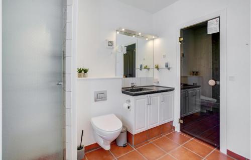 a bathroom with a toilet and a sink and a mirror at Blvandslyst in Blåvand