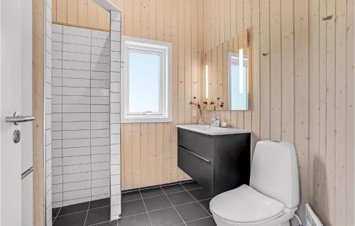 a bathroom with a toilet and a sink and a mirror at Gorgeous Home In Vemb With Outdoor Swimming Pool in Vemb