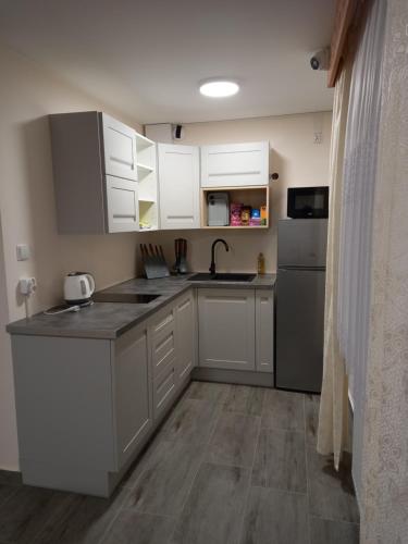 a kitchen with white cabinets and a sink and a refrigerator at Apartament 4 osobowy Pasternik in Małe Ciche