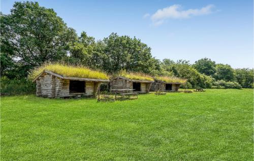two old log buildings with a grass roof in a field at Anneksgaarden in Gadbjerg