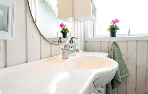 La salle de bains est pourvue d'un lavabo et d'un miroir. dans l'établissement Lrkereden, à Årøsund