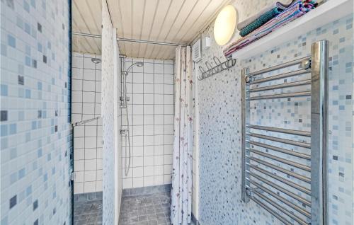 y baño con ducha y azulejos azules y blancos. en Amazing Home In Hejls With 2 Bedrooms And Wifi, en Hejls