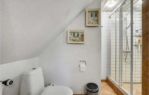 y baño blanco con aseo y ducha. en 3 Bedroom Awesome Home In Bkmarksbro en Bækmarksbro