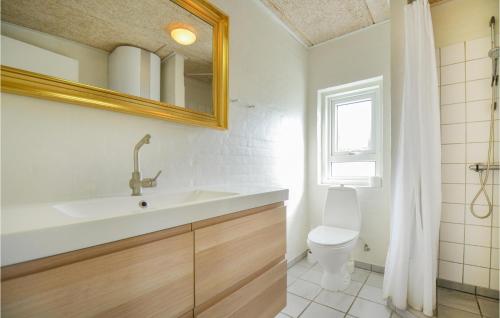 a bathroom with a sink and a toilet and a mirror at Beautiful Home In Ebeltoft With Sauna, Wifi And Indoor Swimming Pool in Ebeltoft