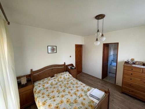 um quarto com uma cama, uma cómoda e um espelho em Teachers em Dărmăneşti