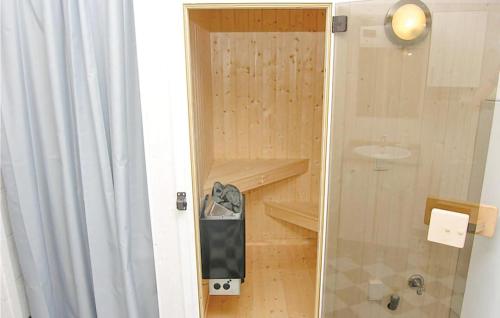 baño con ducha y puerta con un gato dentro en Nice Home In Sydals With Sauna, en Skovby