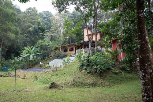 a house on the side of a hill with trees at Kuru Ganga Villa in Eratnagoda