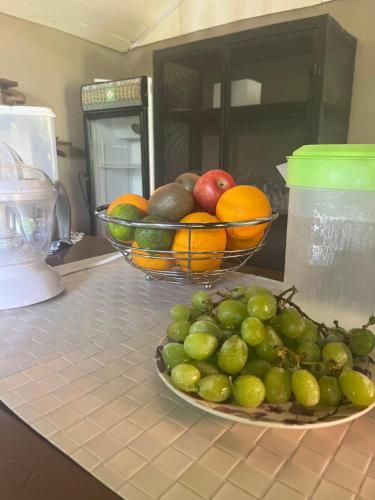 a bowl of fruit on a counter with a plate of fruit at Casa Tropical Playa Grande in Cuajiniquil