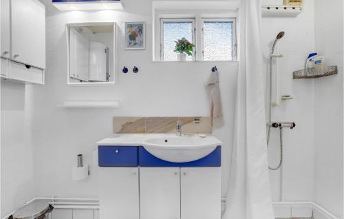 y baño blanco con lavabo y ducha. en Cozy Home In Stubbekbing With Kitchen, en Stubbekøbing