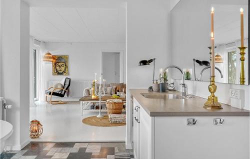 cocina blanca con fregadero y encimera en Beach Front Home In Slagelse With Kitchen, en Lille Kongsmark