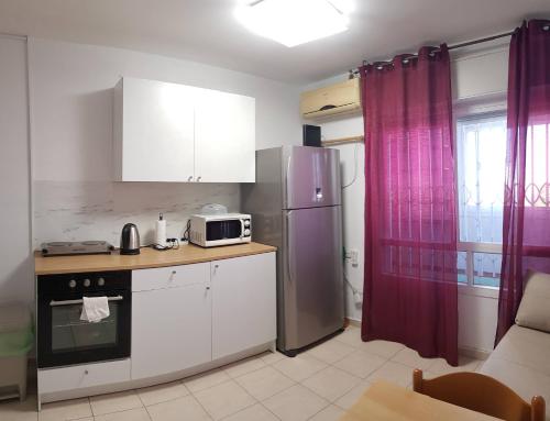 eine Küche mit einem Kühlschrank und einer Mikrowelle in der Unterkunft Cozy Flat with Parking well-placed near TLV Airport in Lod