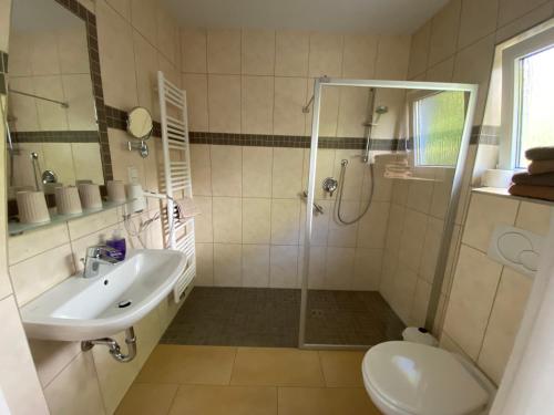 La salle de bains est pourvue d'une douche, de toilettes et d'un lavabo. dans l'établissement Ferienwohnungen Mittendrin, à Willingen
