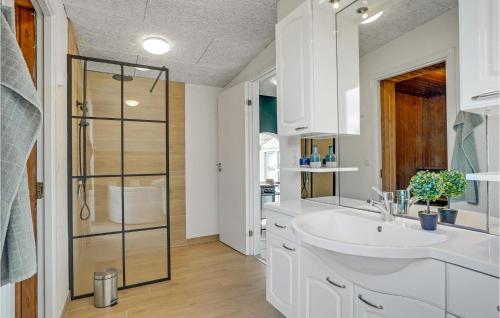 ein weißes Bad mit einem Waschbecken und einer Dusche in der Unterkunft Gorgeous Home In Spttrup With House Sea View in Lihme