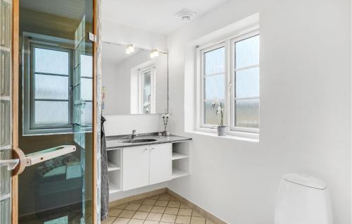 a white bathroom with a sink and two windows at Cozy Home In Rm With House Sea View in Rømø Kirkeby