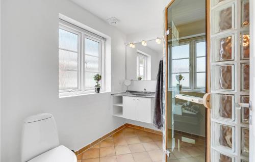 a bathroom with a toilet and a sink and a mirror at Holiday Home Sdr Frankel Xi in Rømø Kirkeby