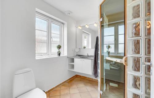 a bathroom with a toilet and a sink and a mirror at Cozy Home In Rm With Kitchen in Rømø Kirkeby