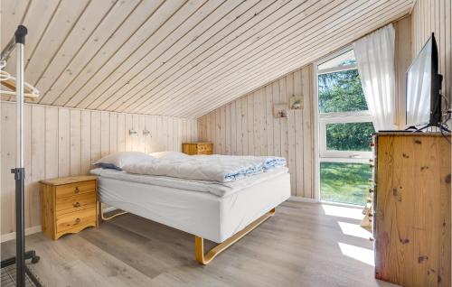 um quarto com uma cama e uma televisão em Beautiful Home In Jerup With 3 Bedrooms, Sauna And Wifi em Jerup