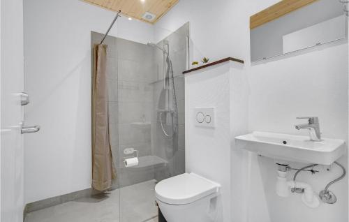 a bathroom with a shower and a toilet and a sink at Stunning Home In Hanstholm With Sauna in Hanstholm