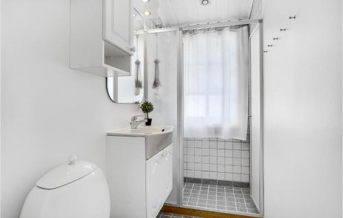 a white bathroom with a shower and a sink at 2 Bedroom Lovely Home In Hjslev in Bøstrup