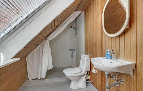 La salle de bains est pourvue de toilettes, d'un lavabo et d'un miroir. dans l'établissement Nice Home In Asperup With Sauna, à Asperup