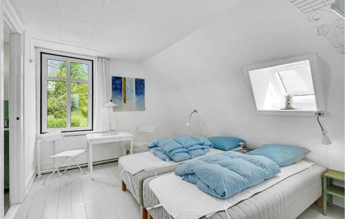 a bedroom with two beds with blue pillows at Beautiful Apartment In Svendborg With House Sea View in Svendborg