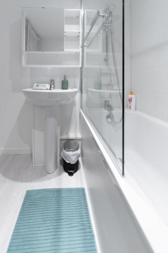 La salle de bains est pourvue d'une douche et d'un tapis bleu. dans l'établissement ※Perrier Menthe※ Hyper-Centre et tranquillité, à Clermont-Ferrand