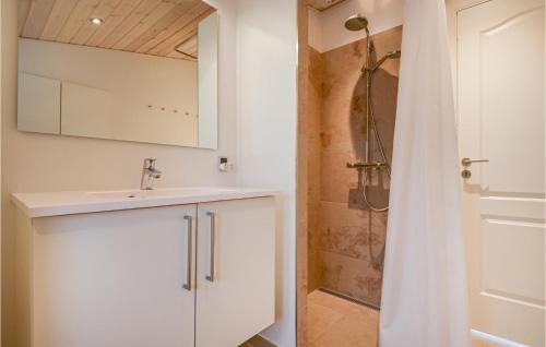 ein weißes Bad mit einem Waschbecken und einer Dusche in der Unterkunft Nice Home In Ebeltoft With House Sea View in Ebeltoft
