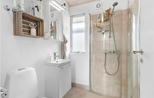 ein Bad mit einer Dusche, einem WC und einem Waschbecken in der Unterkunft 2 Bedroom Gorgeous Home In Vordingborg in Lundby